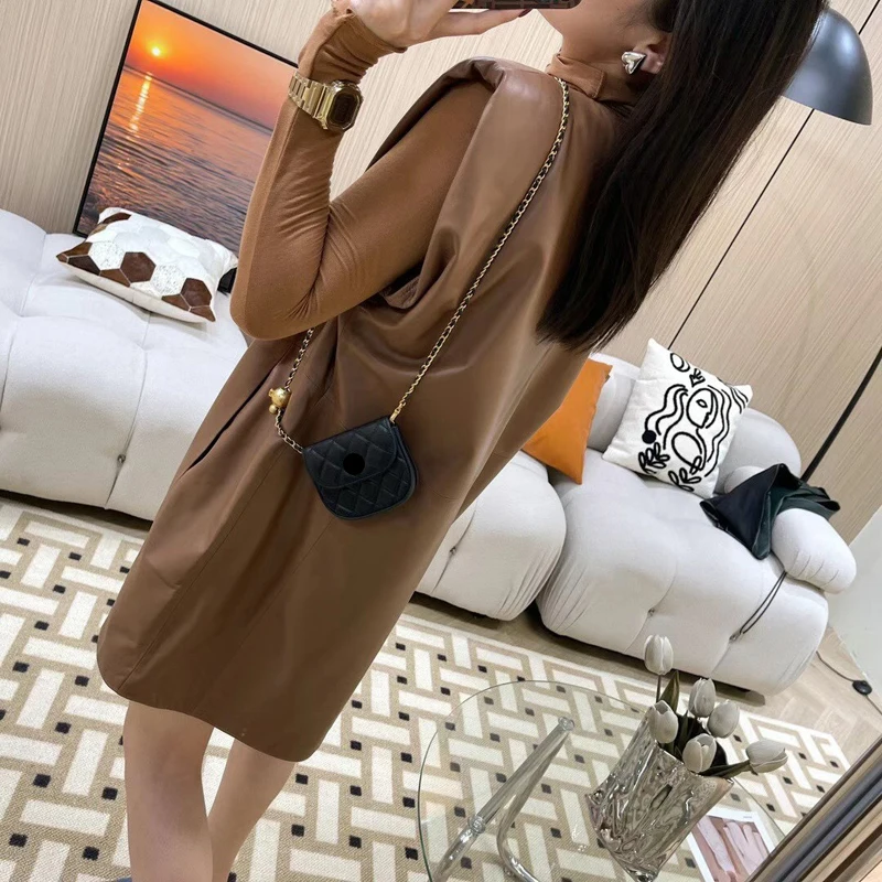 Leather Dress Women 2021 Autumn Female Genuine Sheepskin Deep V-neck White Jacket Pccident Fashion Loose Large Size Outwear Vest