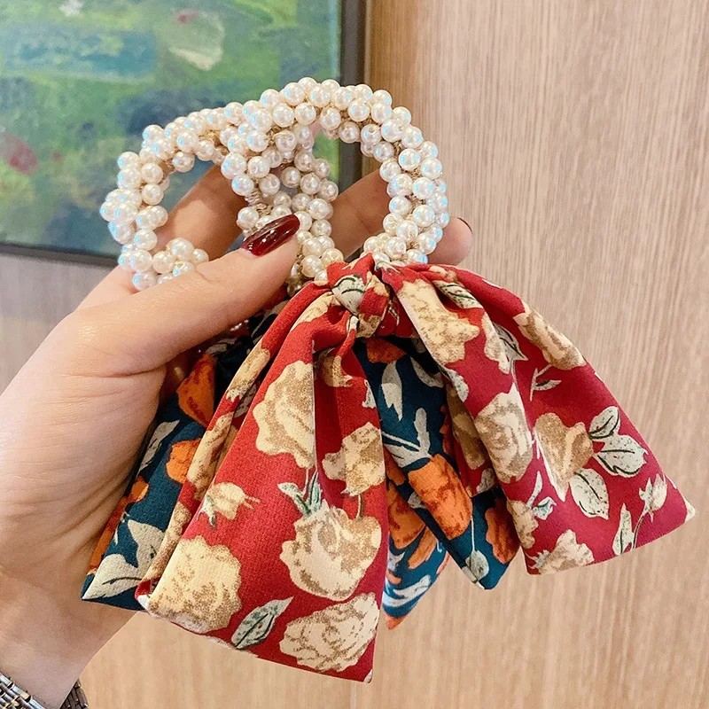 ชีฟองมุกผม Scrunchies ผู้หญิงเกาหลีดอกไม้ผมเชือกยางวงแหวนหญิงงานแต่งงานอุปกรณ์เสริมผม