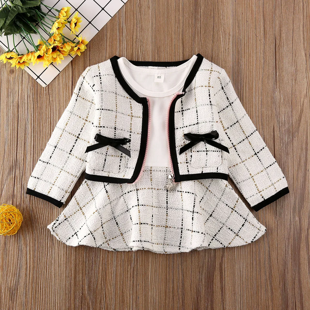 0-5Y Kids Girls Autumn Clothes Set Baby Long Sleeve A-line Dress + Plaid Jacket Coat Vintage Princess Children Dress Outfits