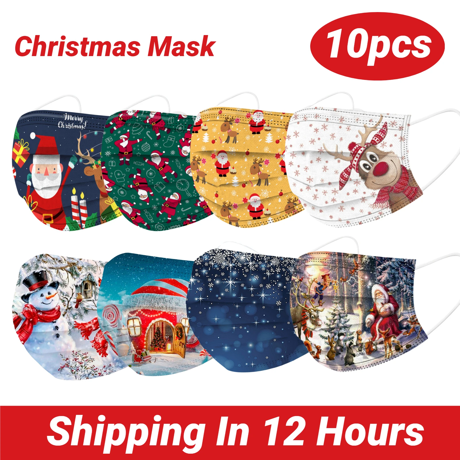 10pcs Disposable Face Mask Adult Christmas Mask Elk Printed Disposable Masks Mascarillas Adult Desechable Mask Xmas masque