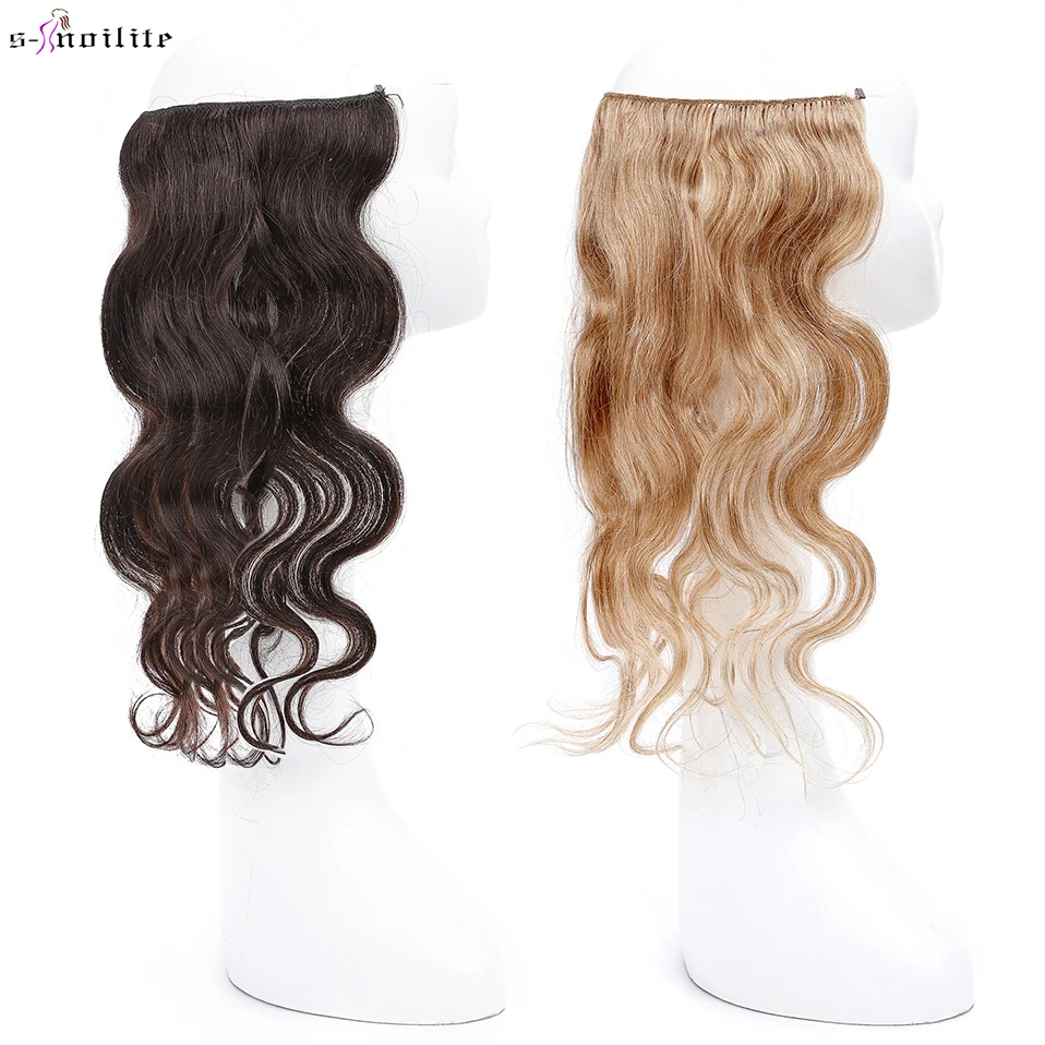 S-noilite 20inches Wavy Wire in Human Hair Extension Body Wave Hairpiece Invisible Fish Line Brown Blonde 60g-80g Natural Hair