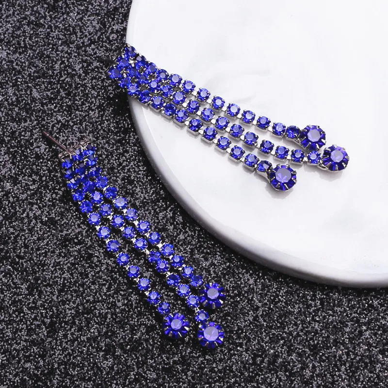 Blue Rhinestone Double Tassel Long Earrings Drop Earring Quality Crystal Earrings For Women Luxury Jewelry Long Dangle Earring