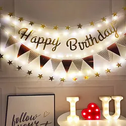 Happy Birthday Rose Gold Bunting Banner with 3m LED Light Party Decorations For Girl Baby Shower Birthday Party Decor Supplies