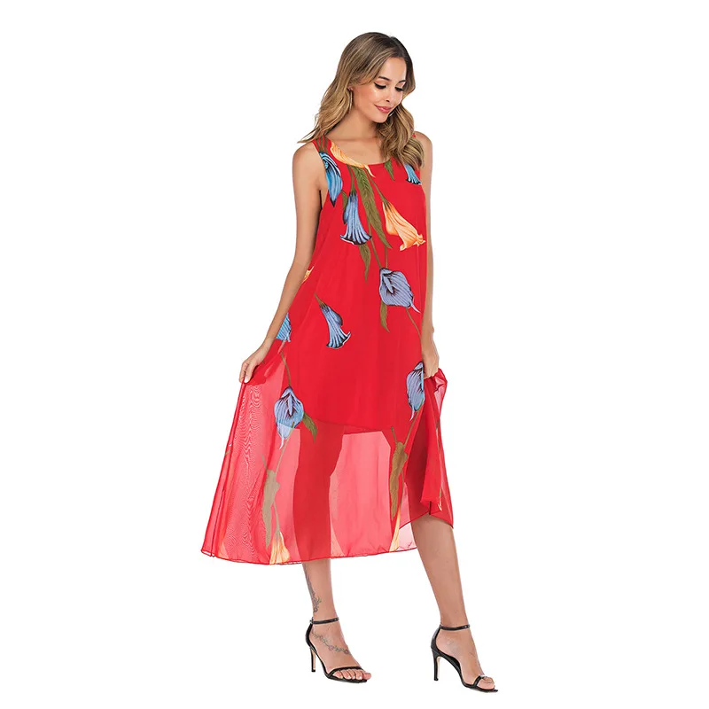 Newtrend vestuário estilo europeu e americano, vento de praia solto sexy chiffon floral, gola redonda, colete com suspensório vestido feminino de verão, venda imperdível