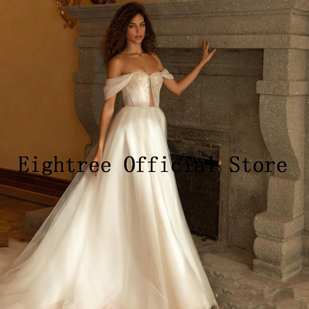 Eightree Sexy Wedding Dresses 2022 Off Shoulder Floor Length Bride Dress White Beadings Applique Wedding Evening Gowns Plus Size