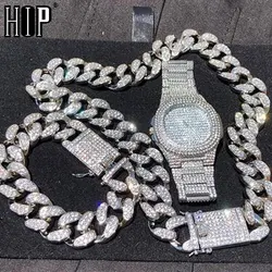 1 Set Miami Cuban Chain Necklace +Bracelet +Watch Iced Out Paved Rhinestones CZ Bling Rapper Necklaces For Men Hip Hop Jewelry