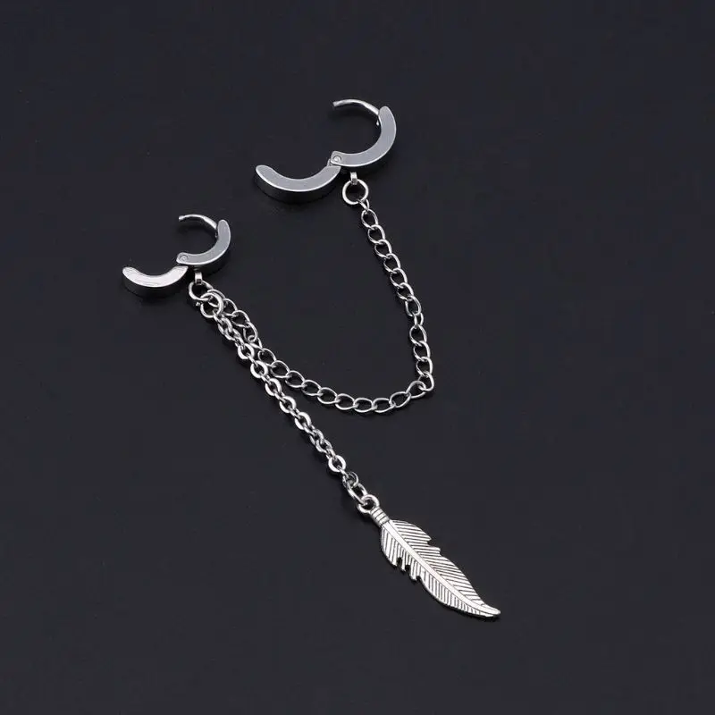 1Pc Titanium Feather Pendant Double Long Chain Leaf Earring Korean Idols Jewelry