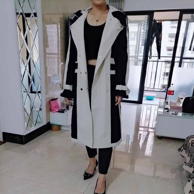 New Women Korea Long Sleeve Windbreaker Overcoats Ladies Chic Patchwork Design Long Trench Outerwear Plus Size