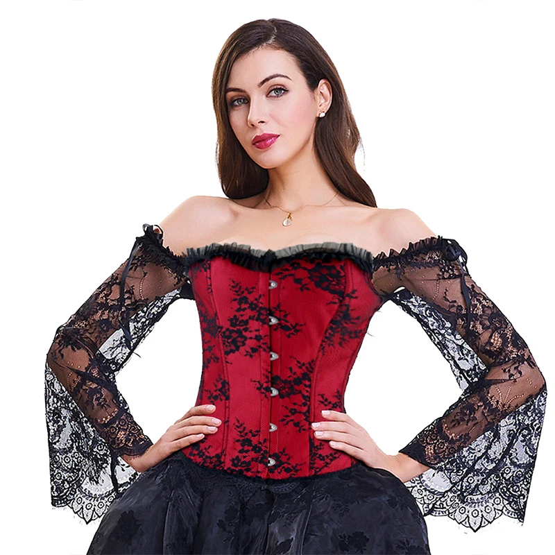 Steampunk Corset Bustier Gothic Corselet Corset Women Bustier Long Sleeve Lace Floral Off Shoulder Sexy Party Corset