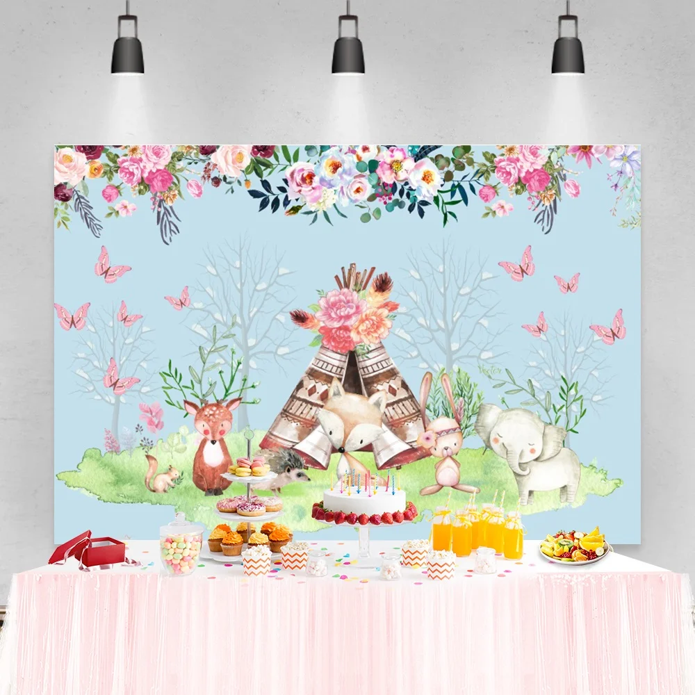 Vinyl Background For Photography Watercolor Flower Animals Safari Birthday Party Grassland Customized Banner Baby Photo Backdrop