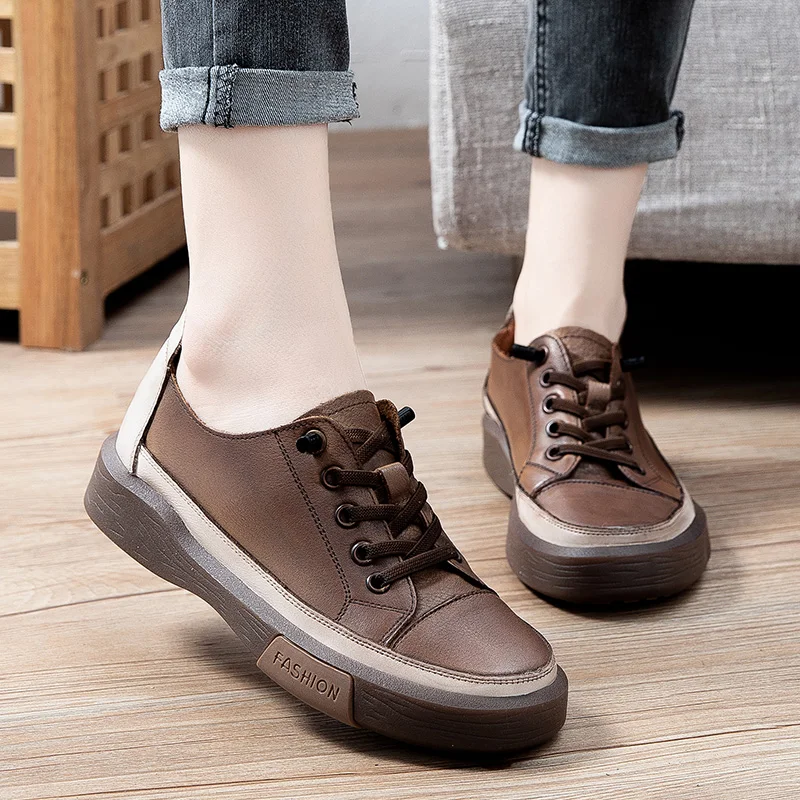 GKTINOO Genuine Leather Retro Women Sneakers Casual Lace Up Flat Ladies Shoes Fashion Breathable Comfort Women's Flat Shoes