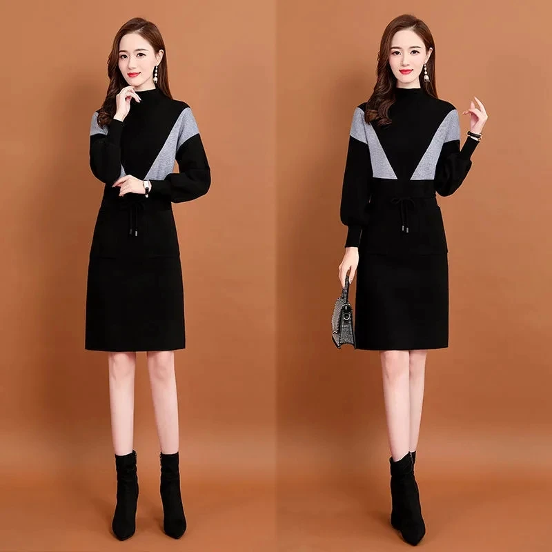 Autumn Winter knit Women Dress Female Long Sleeve No Velvet/Add Velvet Dress Girl Elegant Vestido Ladies Dresses 3XLB1778