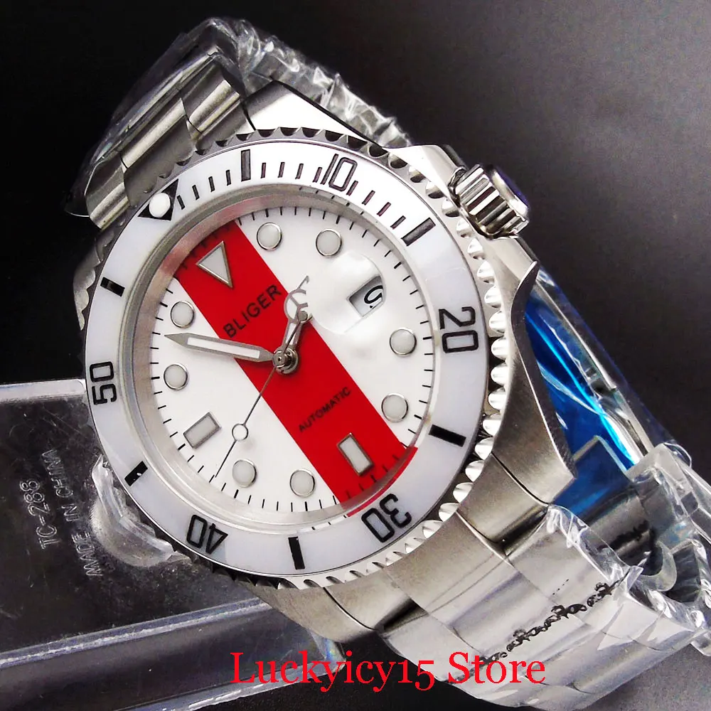 BLIGER Sapphire Glass Automatic Wristwatch Men MIYOTA Movement Date Function Mental Bracelet Deployment Clasp Red White Dial