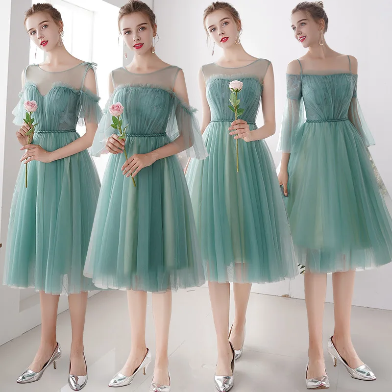 

Beauty Emily Knee Length O Neck Green Bridesmaid Dresses 2021 Fashion Appliques Lace Shorter Sleeve A-line Wedding Party Dress