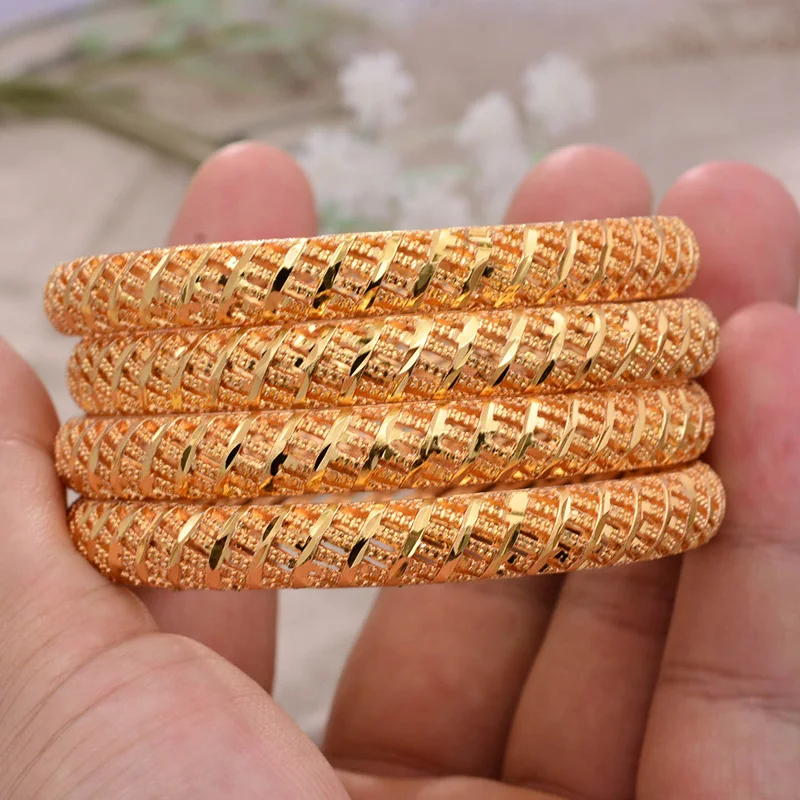 

ANNAYOYO 4Pcs/lot Ethiopian Africa Gold Color Bangles for Women Twill Bride Bracelet African Wedding Jewelry Middle East Items