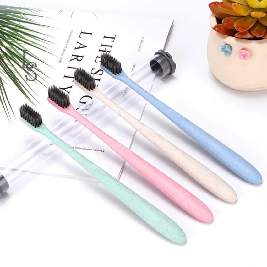 Cepillo de dientes portátil para adultos, cerdas suaves de paja de trigo, carbón de bambú, limpieza de dientes, herramientas de cuidado bucal, 1 ud.