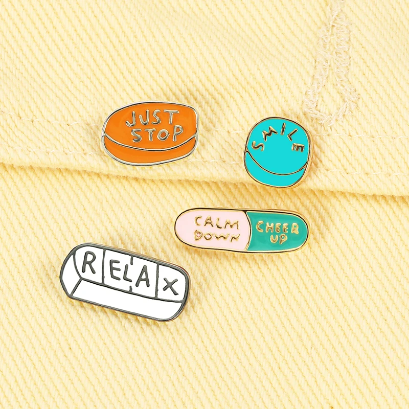 New Magical Capsules Enamel Pins Relax Cheer up Smile Pills Brooches Cute Cartoon Funny Jewelry Gift for Children Backpack Lapel