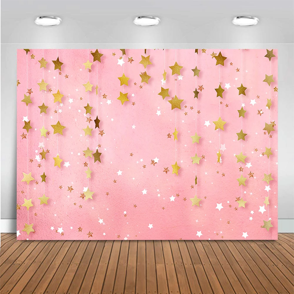 Wedding Party Photography Backdrop Desk Gold Stars Backdrop Night Sky Scenes Pink Theme party Background Photobooth