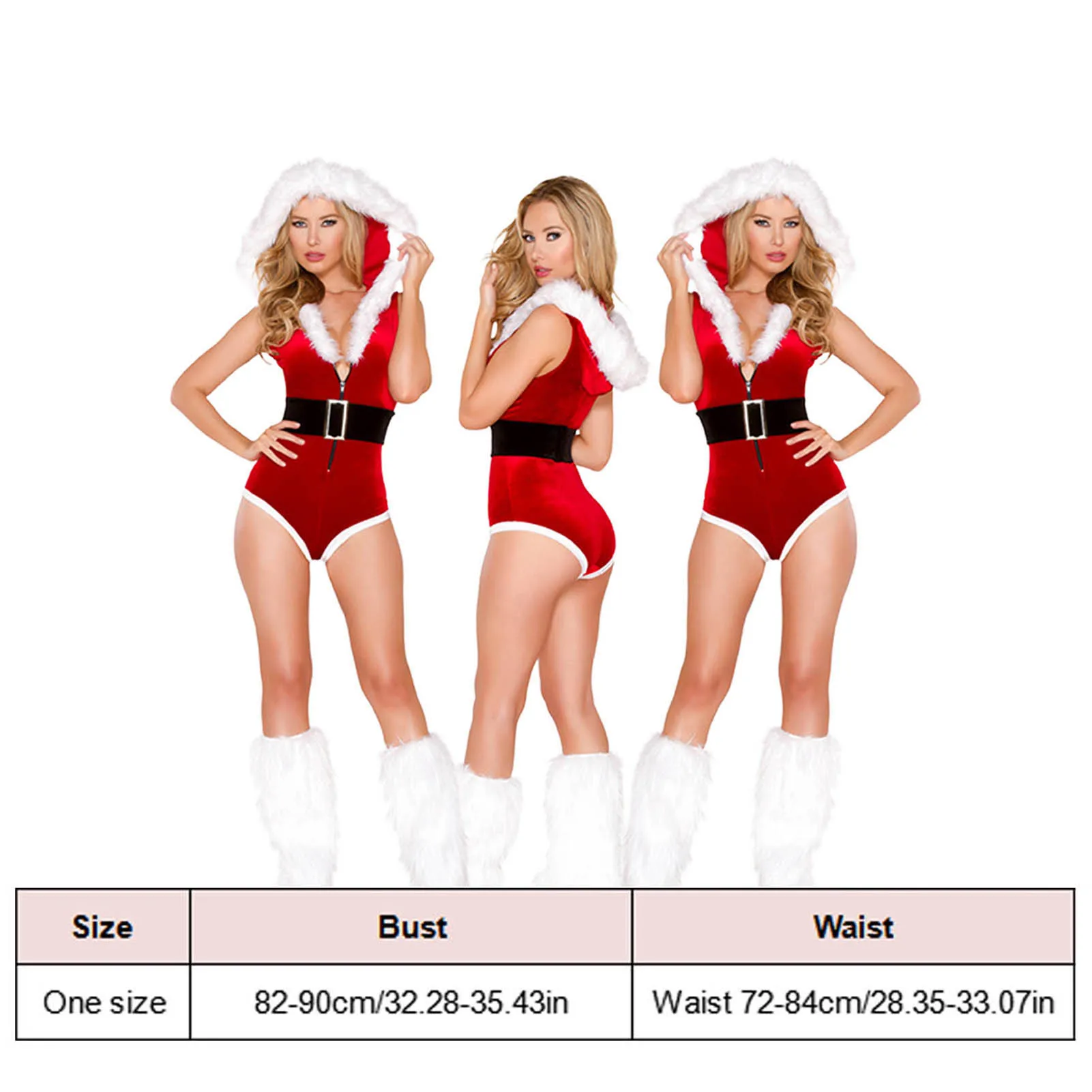 ผู้หญิง Santa Bodysuit สีแดงชุดใหม่เซ็กซี่คริสต์มาสชุดซานตาคลอสเครื่องแต่งกายบทบาทเล่นเครื่องแต่งกายขาเข็มขัด