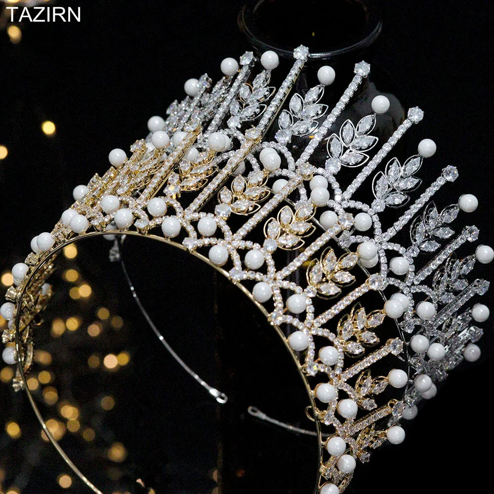 Luxury Pearls CZ Tiaras Birthday Crowns for Women Cubic Zirconia Fairy Pageant Bead Fashion Jewelry Bride Wedding Headpiece Gift