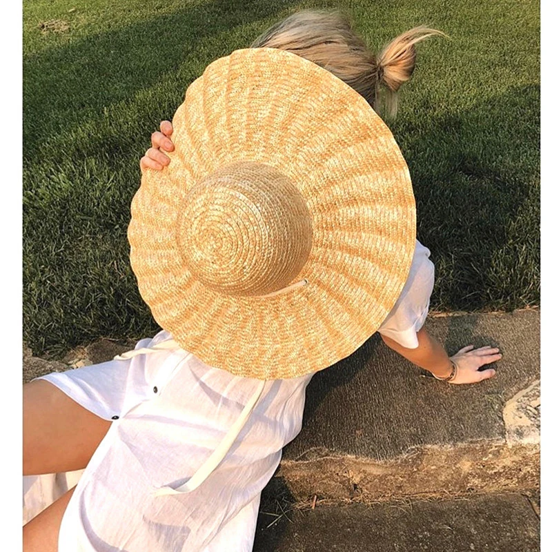 2021 New Large Brim Ribbon Straw Hats Summer Hats For Women Ribbon Beach Cap Beach hat Dome Top Sun Hat Holiday Elegant cap