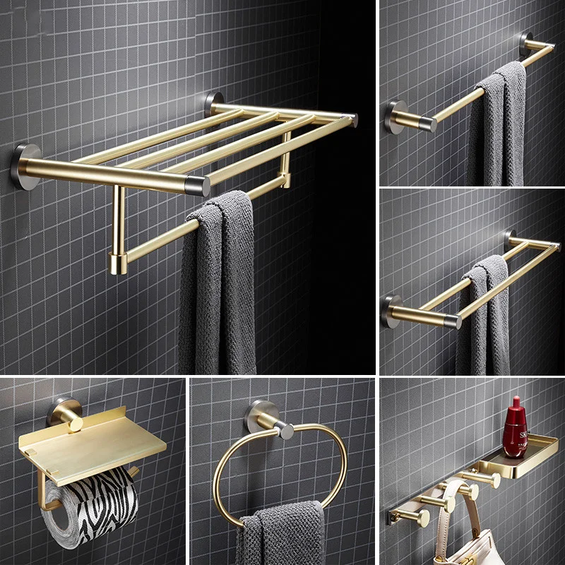 Gold & Grey Bathroom Hardware Accessory Set Soild Brass Towel Rack Paper/Toilet Brush Holder Corner Shelf Soap Dish New Arrival