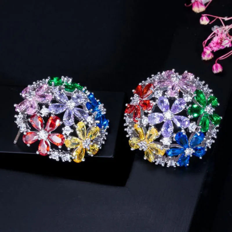 Fashion luxury Earrings woman Pin full crystal flower AAA Zircon Ear studs Colorful sparkling Cubic Zircon stud Earrings