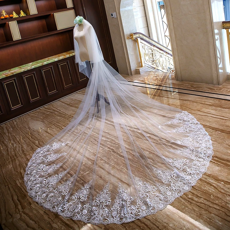 New arrival Ivory Welon wedding accessories Bridal veil voile mariage Cathedral wedding veil Lace Appliques boda wedding