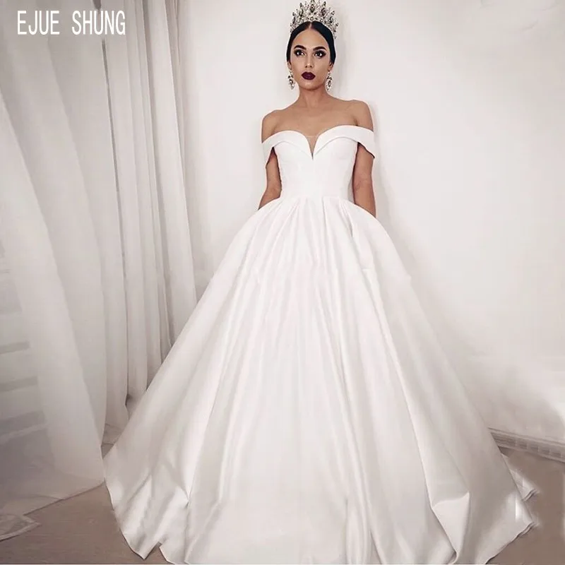 

E JUE SHUNG Elegant Princess Wedding Dresses Off the Shoulder Lace Up Back Satin Ball Gown Bridal Dresses Vestidos de Novia