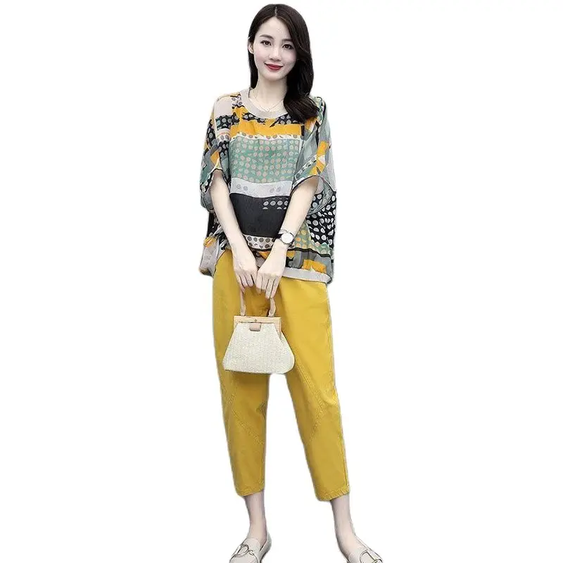 Women's Two-Piece Suit Printing Round Neck Short Sleeve Jacket +Nine Points Pants Suit New Summer Fashion Loose Ladies 2PCS