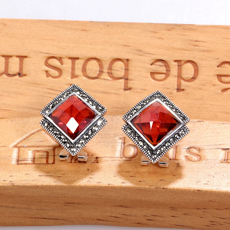 

ZHJIASHUN 100% 925 Sterling Silver Set Red Natural Gemstones Garnet Stud Earrings For Women Fine Jewelry Clip Earrings