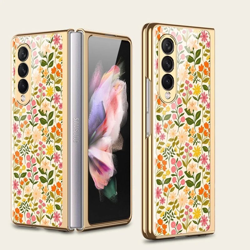 Vintage Floral Phone Case for Samsung Galaxy Z Fold 3 Cover Luxury Plating Shockproof Shell for Samsung Z Fold 3 Case