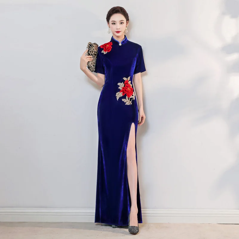 

Chinese Dress Velvet Vintage Mandarin Collar Qipao Traditional Women Cheongsam Long Robe Sexy High Split Dress Vestidos