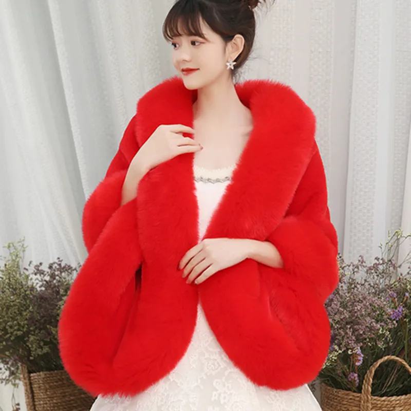 JaneVini Elegant Burgundy Wedding Jacket Furry Bridal Faux Fur Shawl Wrap Winter Bolero Cloak Women Evening Party Stole In Stock