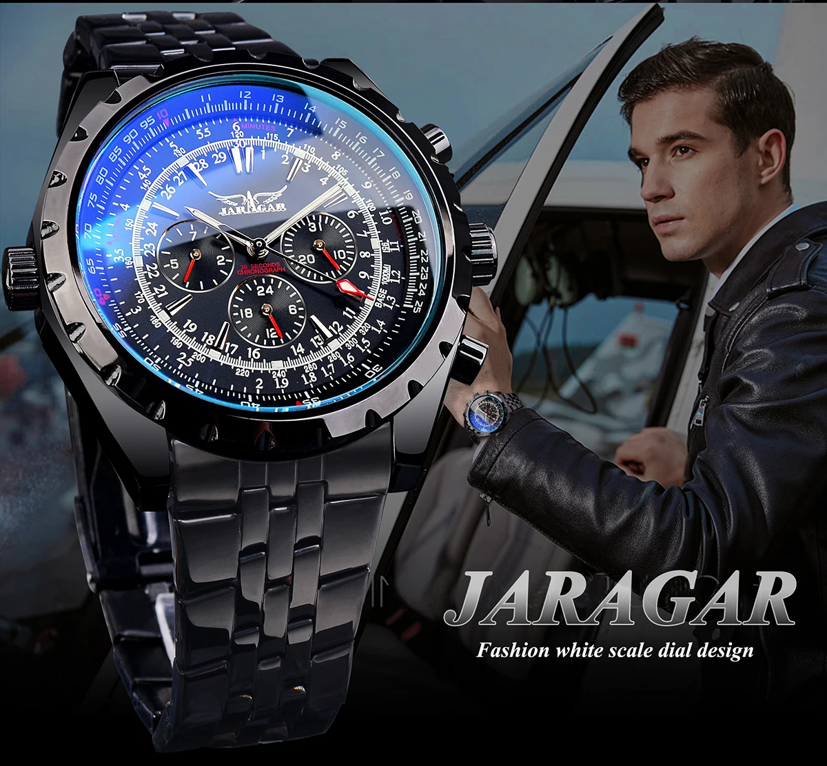 Jaragar – montre-bracelet automatique en acier inoxydable pour hommes, Design verre bleu, noir et argent, horloge de Date lumineuse, Business