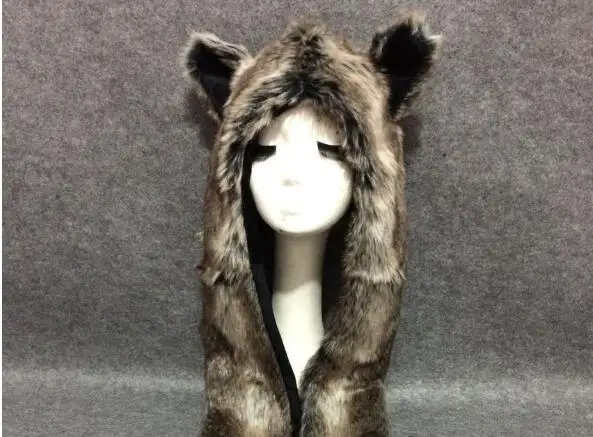 Gorro de invierno de piel de conejo de imitación para mujer y hombre, gorro de Animal, orejeras, Lobo, felpa, gorro cálido con bufanda larga,