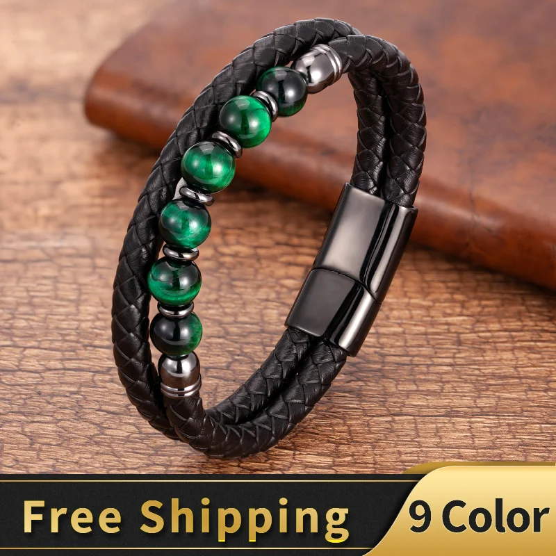 Fashione Mens Jewelry Charm Round Stone Bracelet For Men Colourful Tiger Eye Beads Black Leather Rope Chain Bangles Homme Gifts