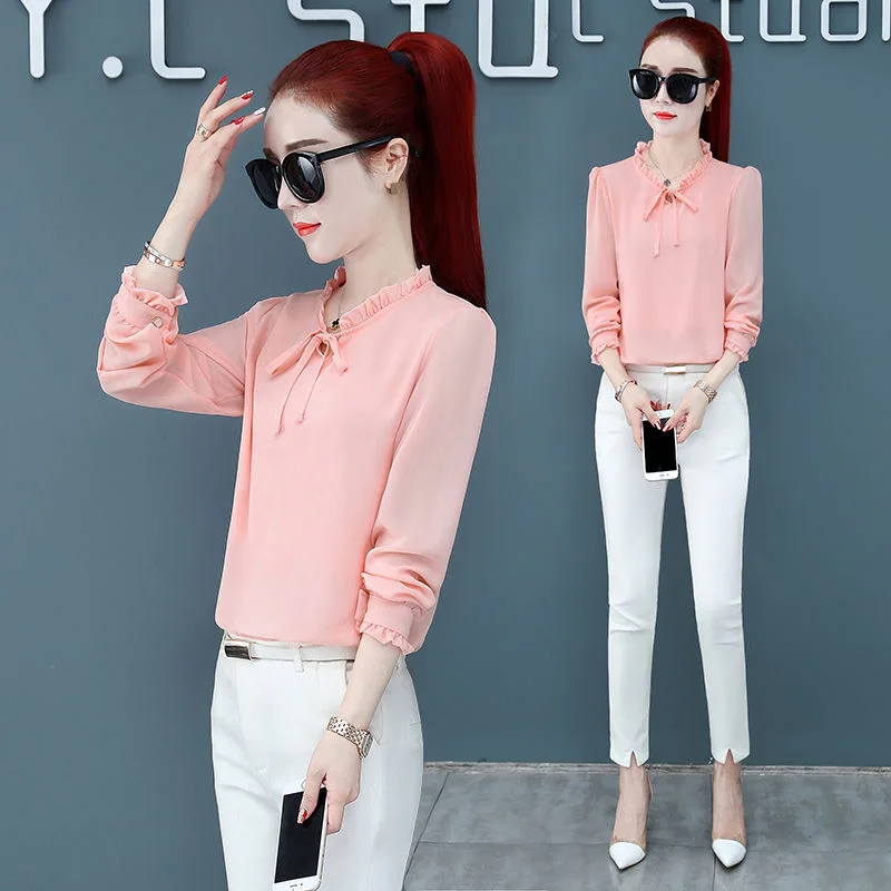 Women Spring Summer Style Chiffon Blouses Shirts Lady Casual Long Sleeve Stand Collar Blusas TOps RR0031