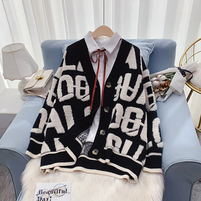 Letter Print Knit Oversized Cardigan Women Loose V Neck knitwear Jacket female Casual sweater women\'s Coat