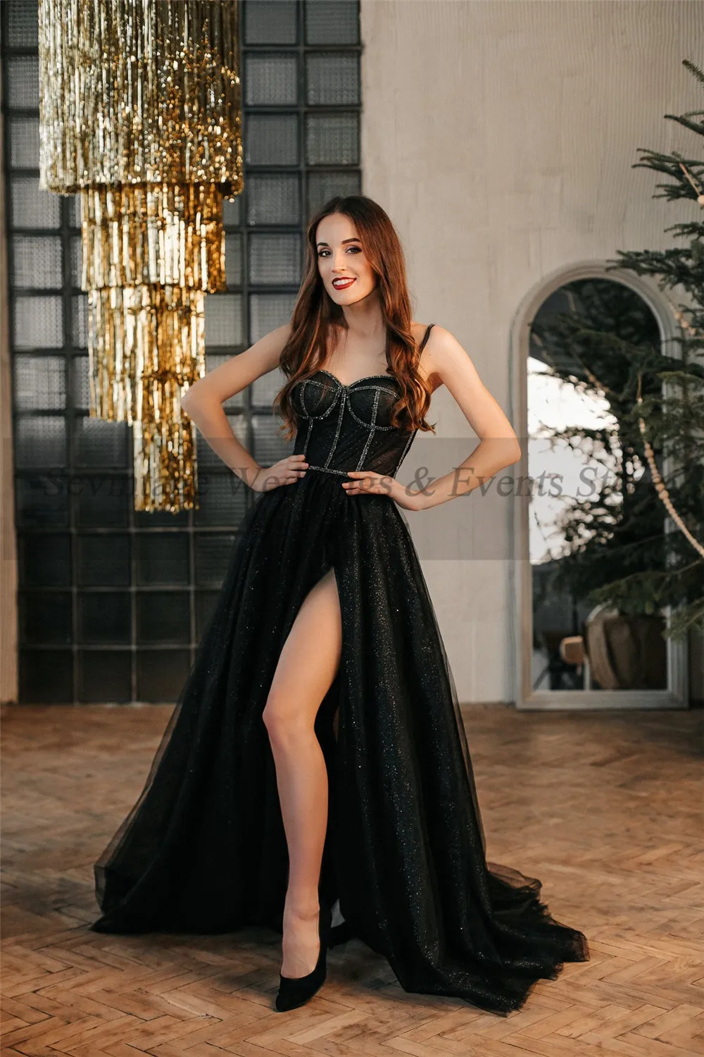 Customized Black Glitter Tulle A Line Prom Dresses Formal Spaghetti Strap Prom Gowns High Slit Evning Dress Wedding Party Gowns