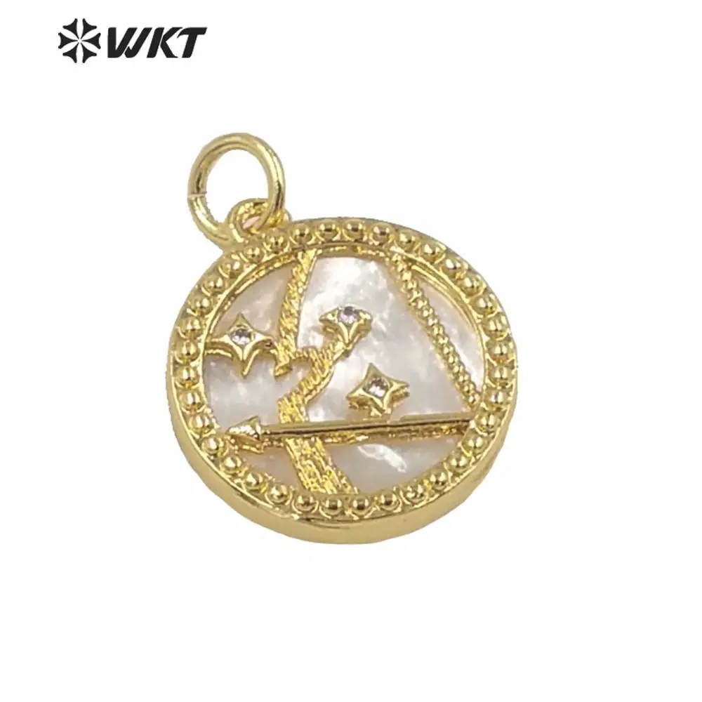 WT-MP168  Wholesale Women Fashion Charming Hand Make Natural White Pearl Round Coin 12 Constellations Pendants For Necklace