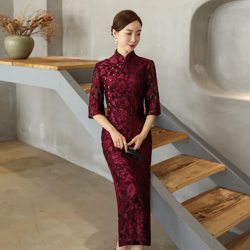 Cheongsam vestido longo e elegante, outono e inverno, trajes femininos retrô, elegante, slim, saltos altos, rugas, borda de renda, clássico, moderno, qipao