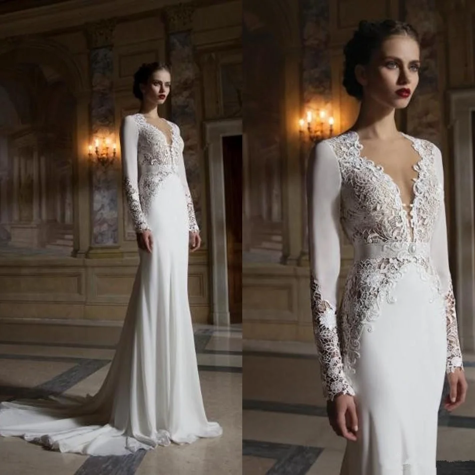 2019 nouvelle dentelle sirène robes de mariée plongeant col en V creux dos manches longues balayage Train sur mesure robes de mariée