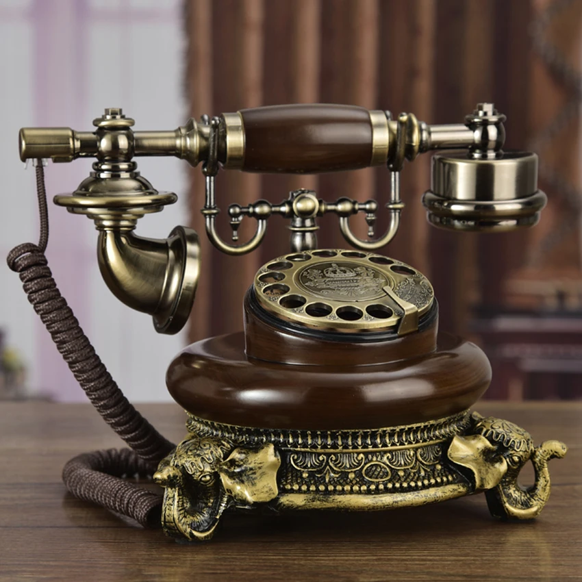 American Antique Telephone Retro Rotary Dial Telephone Landline, Electronic / Mechanical Ringtone, Coffee Color, Mahogany