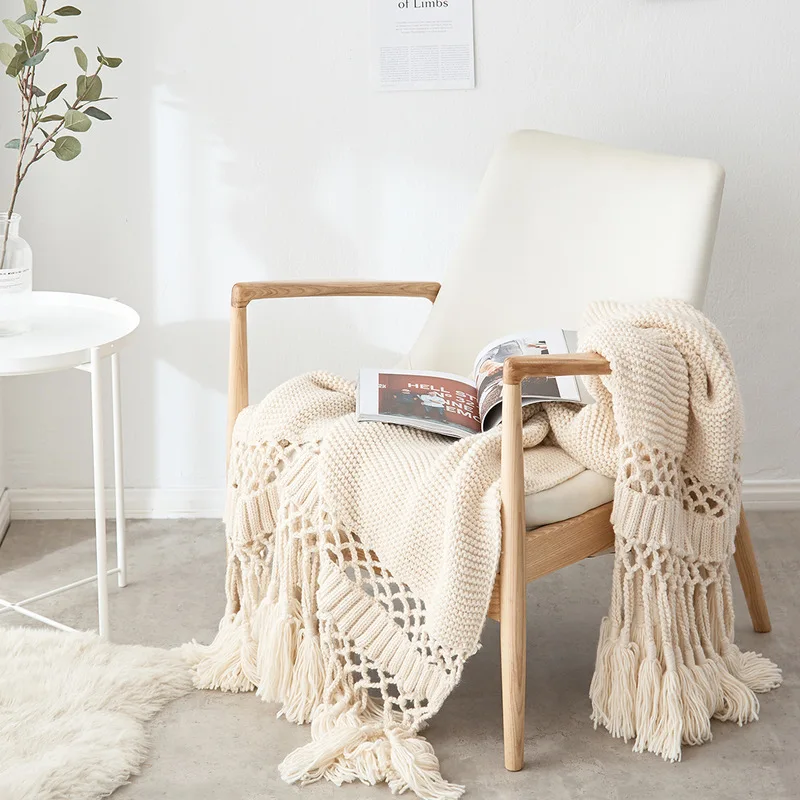 

Nordic Sofa Throw Blanket For Beds Hand-knitted Knitted Wool Blanket Leisure Blankets Chunky Knit Blanket Photo Props Tassel