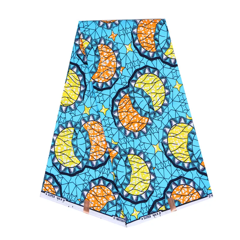 

2019 Wax Fabric African Wax Print Fabric Yellow & Orange Print Real Wax Sky-Blue Color Fabric 6Yards\lot