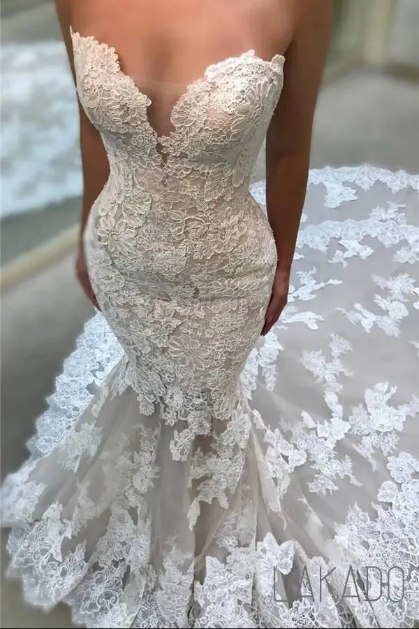 Vestidos de novia de sirena modernos hechos a medida, vestidos de encaje de tren de la Catedral para bodas