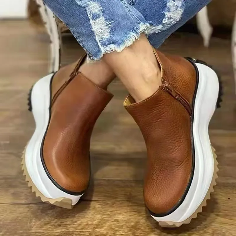 2021 Women Leather Boots Round Toe Side Zipper White Bottom Ladies Platform Shoes Solid Color Daily Walking Female Ankle Booties