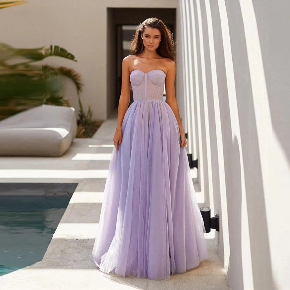 Robe de Bal Longue en Tulle à Coupe Trapèze Personnalisée, Haut Ajusté, Simple et Formel, Couleur Lavande/Rose/Bleu, 2024