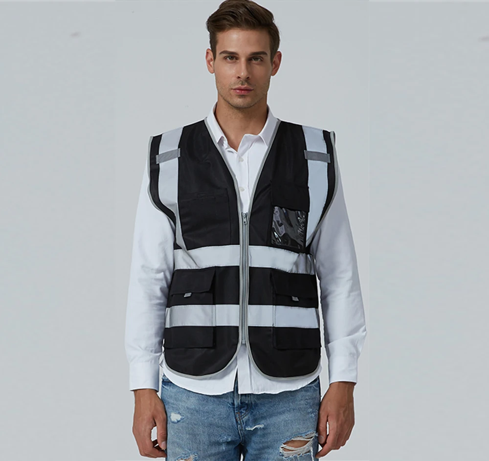 Black Reflective Vest Safety Vest With Custom Logo Printing Text Custom High Visibility Workwear Vest